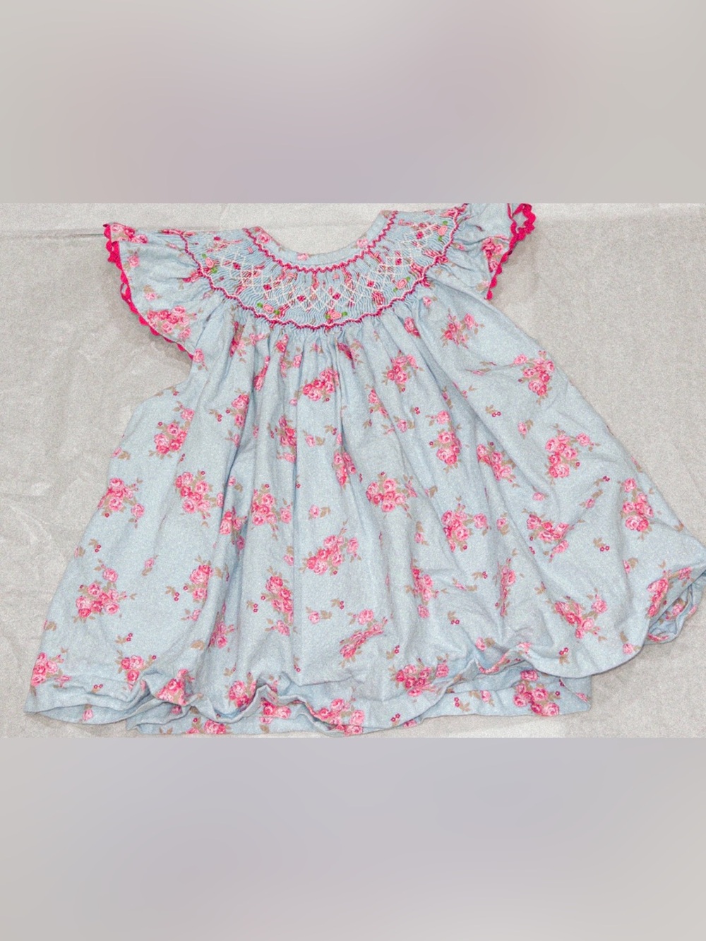 Baby Girls Light Blue Floral Smocked Dress with Pink Roses